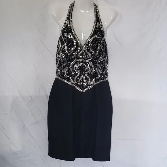 Veelam Dresses | Vintage Ladies Veelam Black Sequined Halter Top Dress - 8 | Color: Black | Size: 8 | Jlimby's Closet